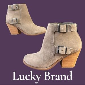 Lucky Brand Emerlee suede ankle booties w/buckle detail. Back zip. Size 9.5 NEW!